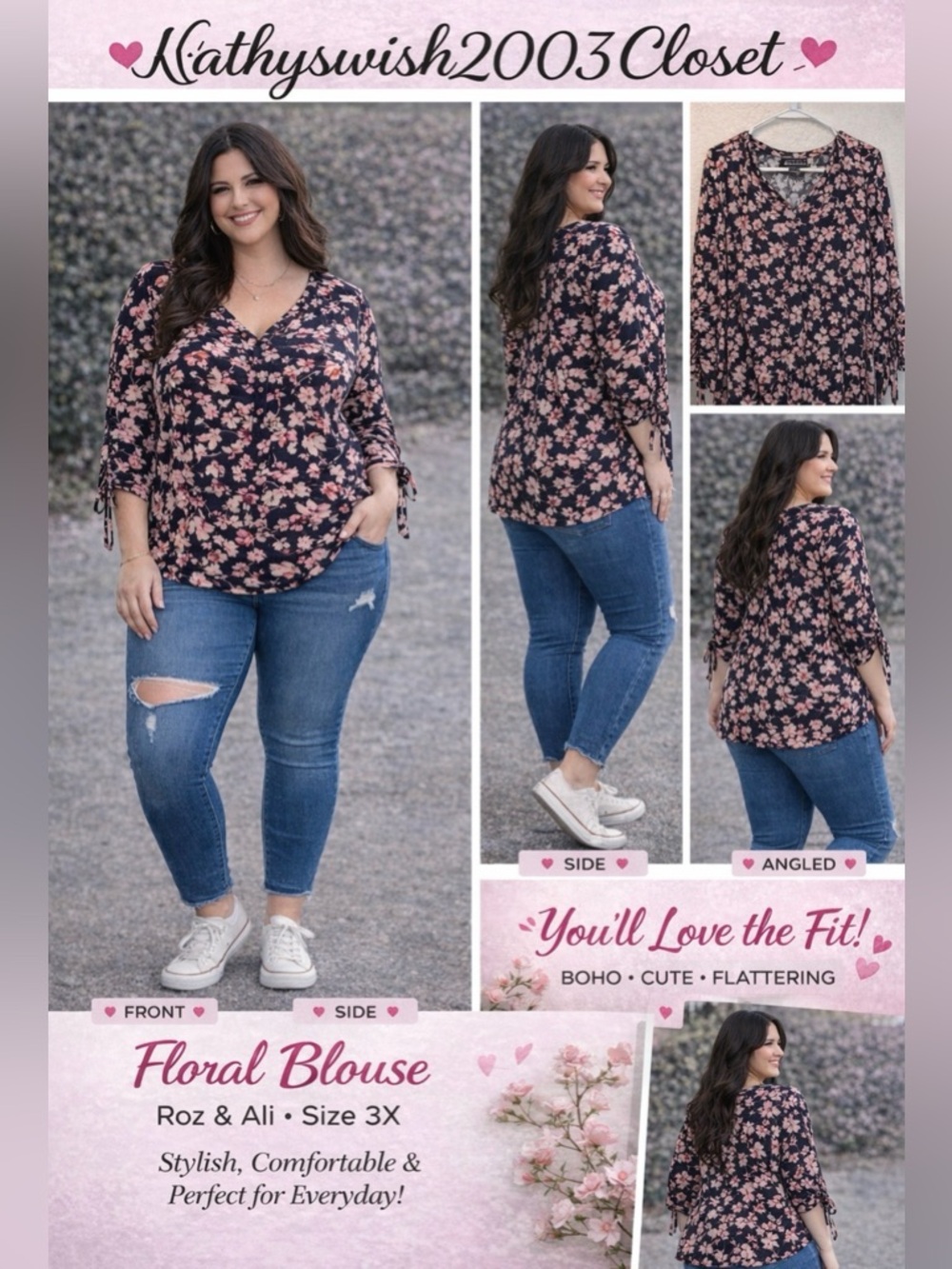 Roz and Ali Navy Blue and Pink Floral Long Sleeve Blouse